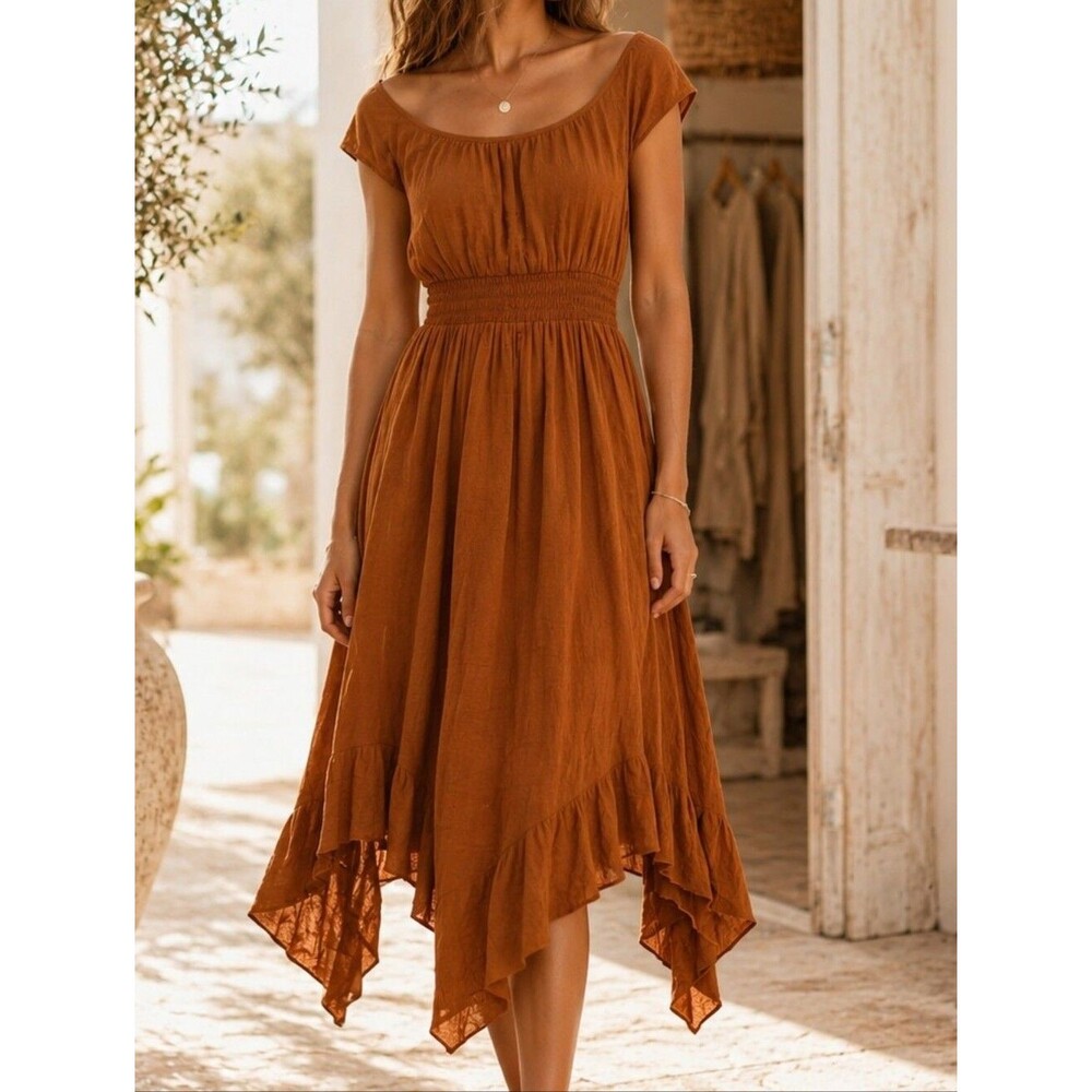 Mia Joy Boho Prairie Midi Dress Size 12 Open Back Cottagecore Romantic Rust